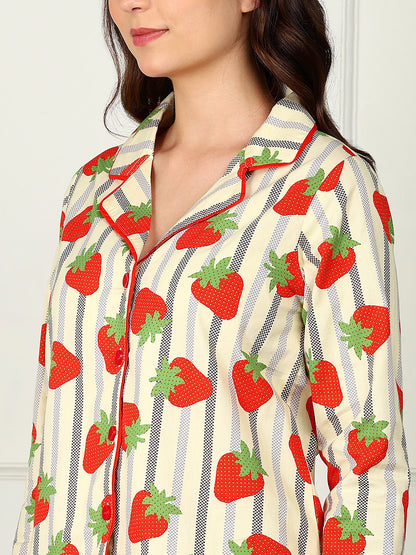 Golden Kite Women’s Cotton Stawberry Printed Night Suit with Notch Collar, Piping & Pocket