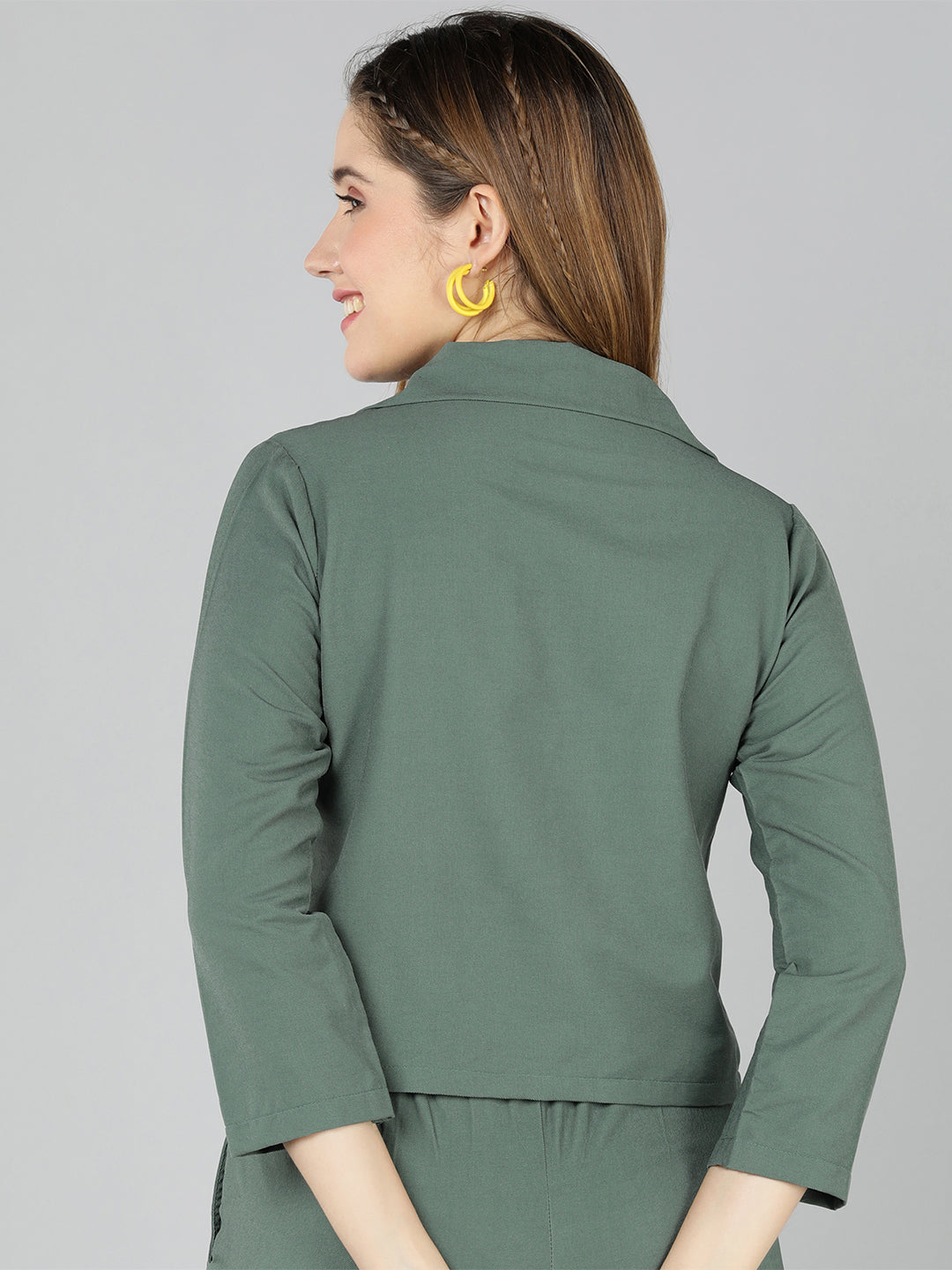 Golden Kite Women Solid Green Knotch Collar  Top,Has a front Button detail