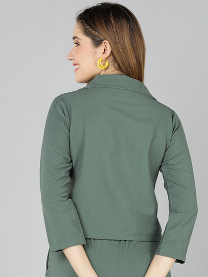 Golden Kite Women Solid Green Knotch Collar  Top,Has a front Button detail