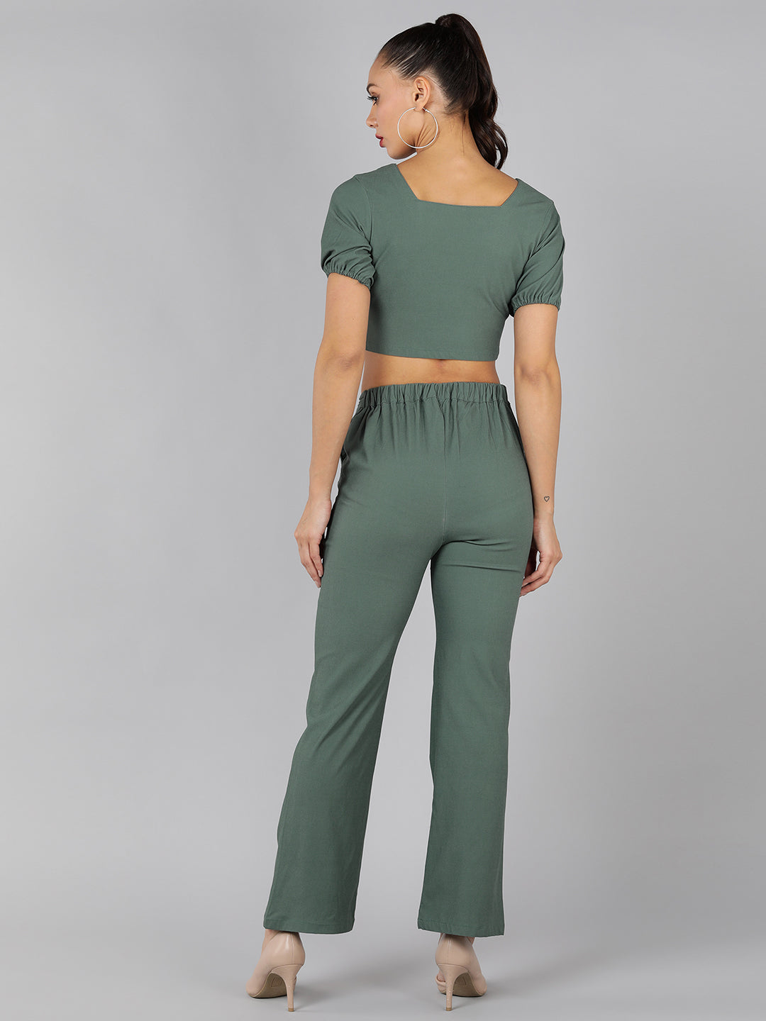 Golden Kite Green Solid Co-ordset , crop top sweatheart neck with front ruching detail paired with Straight trouser
