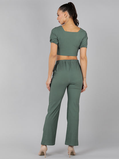 Golden Kite Green Solid Co-ordset , crop top sweatheart neck with front ruching detail paired with Straight trouser