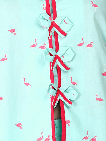 Golden Kite Women’s Cotton Swan Printed Night Suit with Contrast Piping Notch Collar, Frill & Pocket