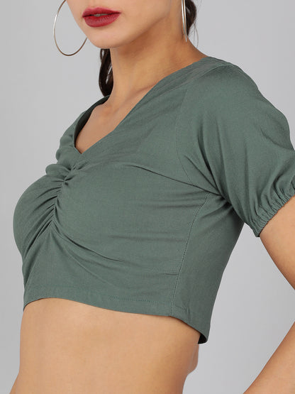Golden Kite Women Solid Green Sweetheart Neck Front rouching Detail