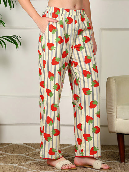 Golden Kite Women’s Cotton Stawberry Printed Night Suit with Notch Collar, Piping & Pocket
