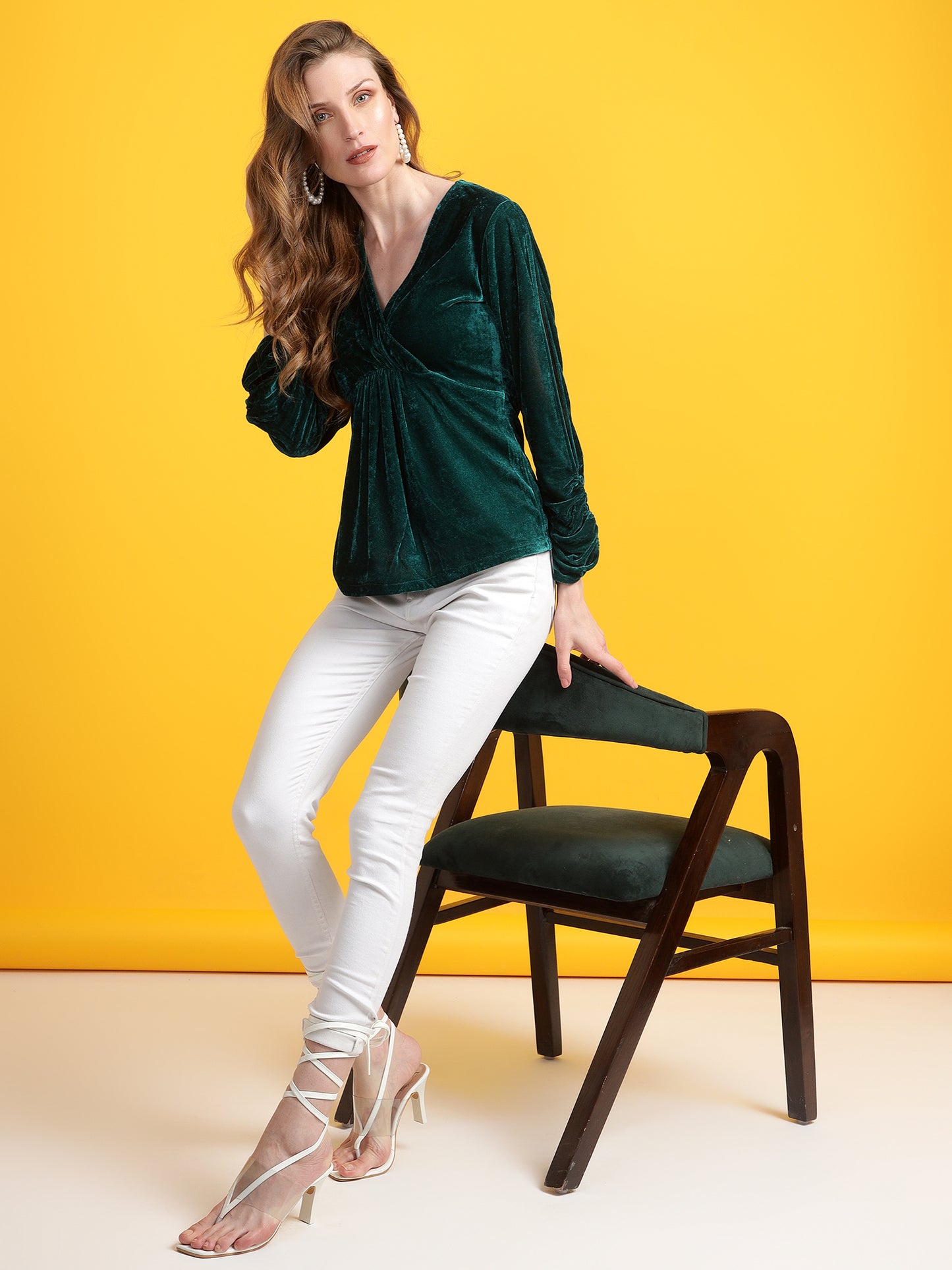 Golden Kite Black Women Solid Wrap Neck ,Sleeve Cut Gather detail Top