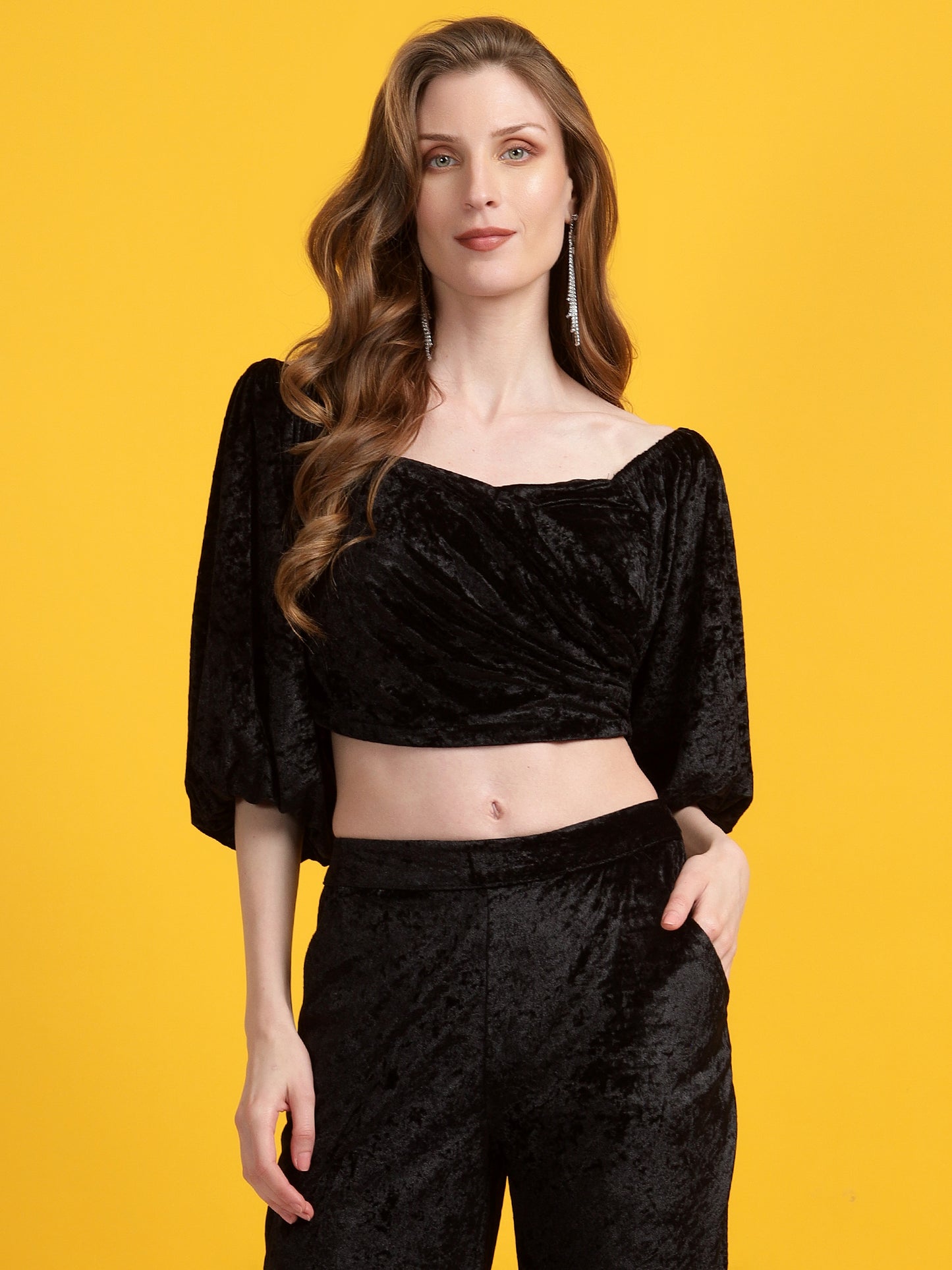 Golden Kite Women Solid Crop Top & Straight Trouser Co-Ord Set