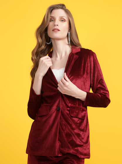 Golden Kite Black Solid Women Single-Breasted Velvet Blazer & Trouser set