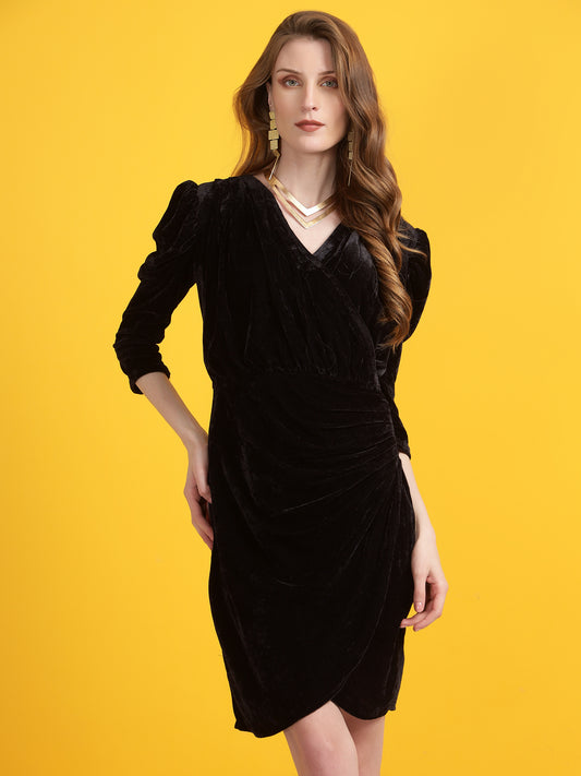 Golden Kite Black Solid Velvet Wrap ,Midi Puff sleeve Dress