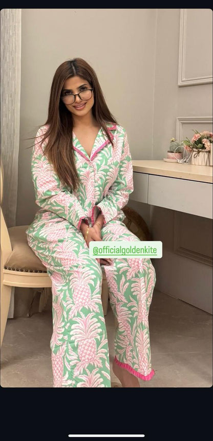 Golden Kite Women’s Cotton Pineapple Printed Night Suit with Notch Collar, Frill & Pocket