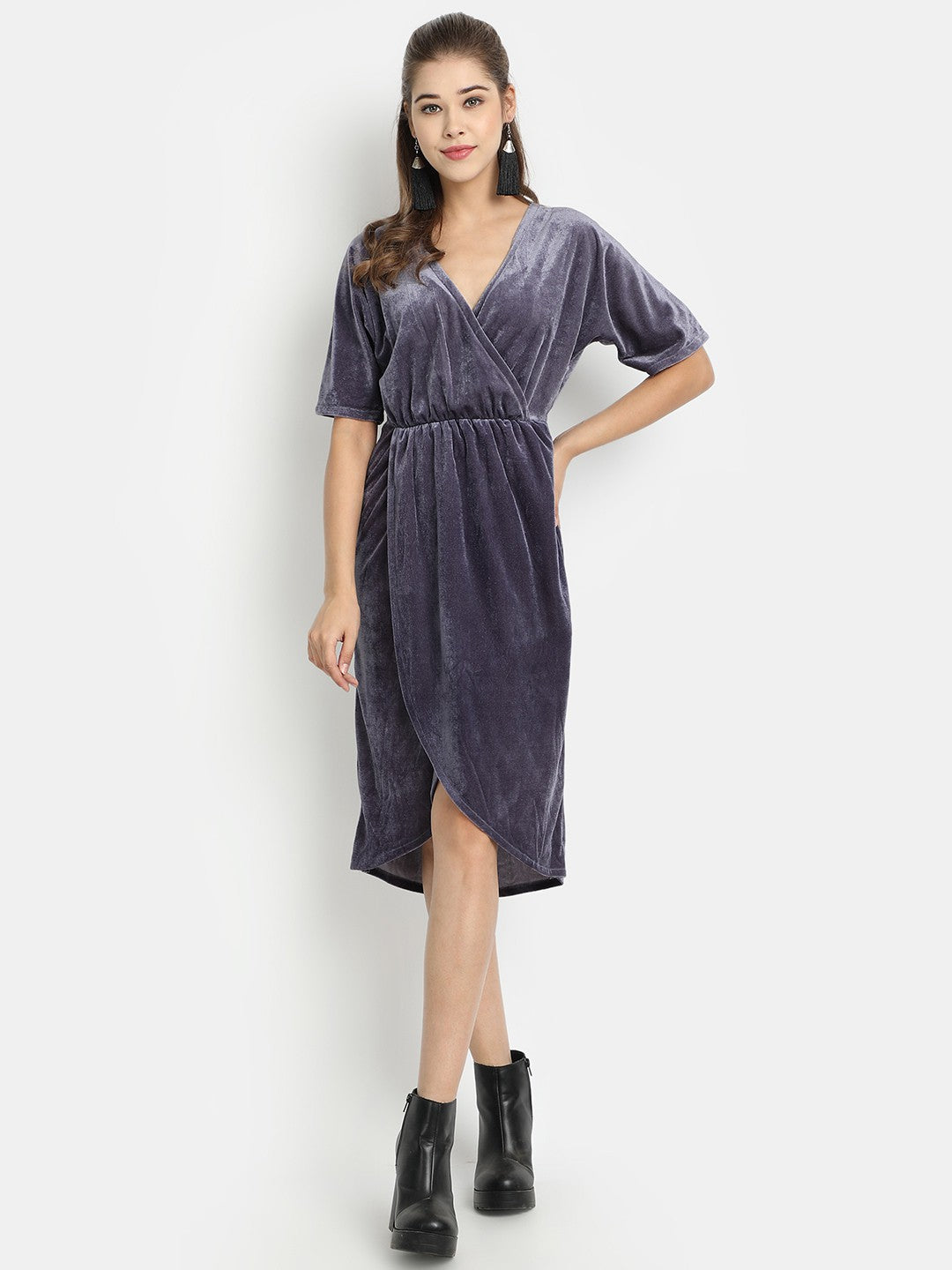 Golden Kite Front Wrap Velvet Midi Dress