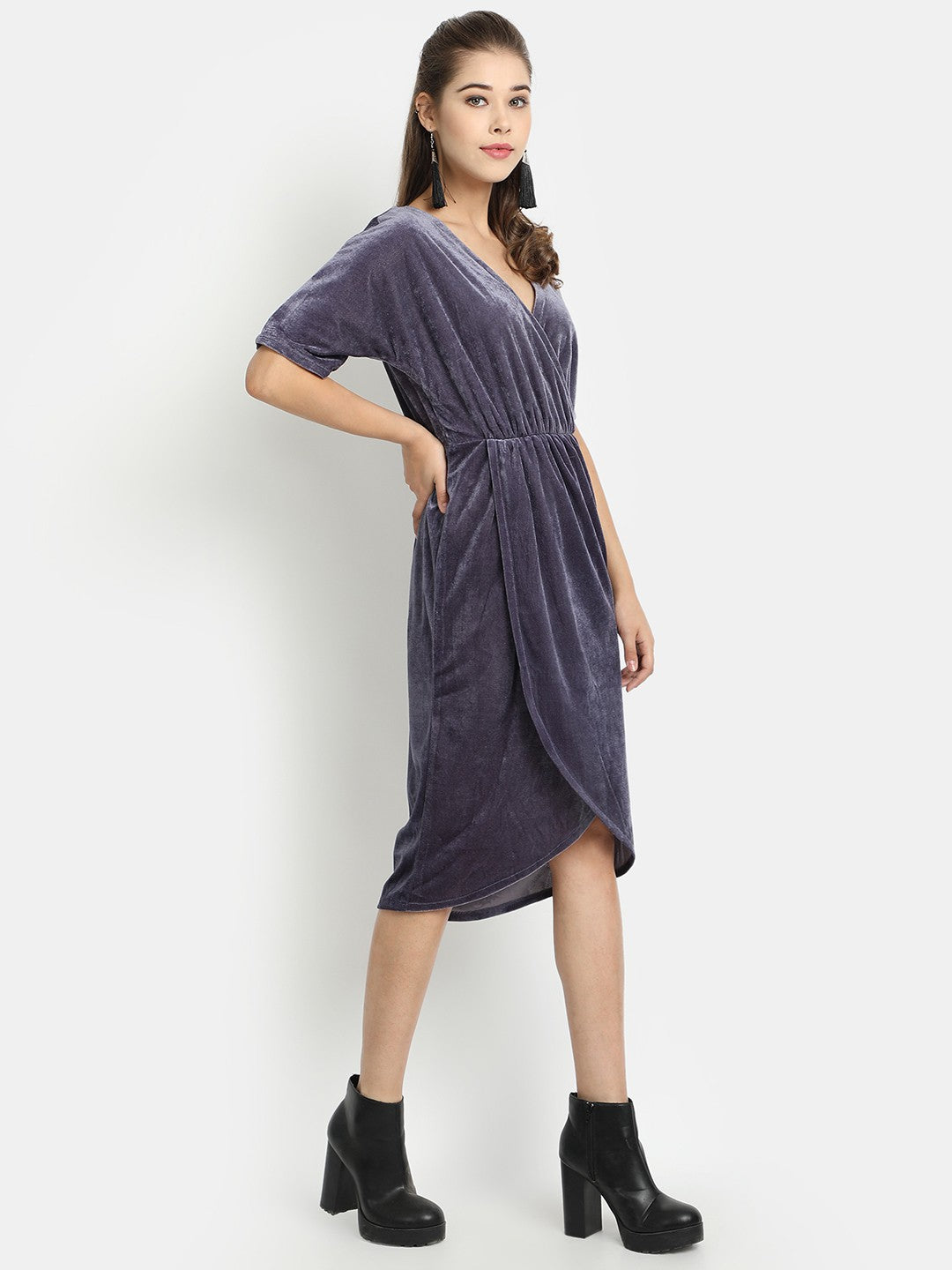 Golden Kite Front Wrap Velvet Midi Dress
